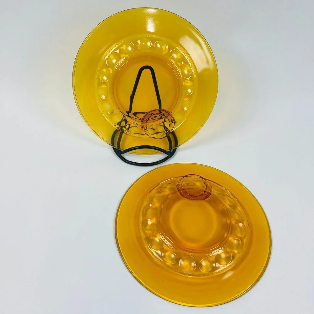 Indiana Glass 2 Kings Crown Thumbprint Amber Dinner Plates 10.25” Pair